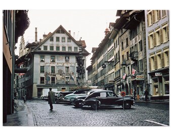 Photo Print 1950s Switzerland Lucerne Old Town Wall Art Home Office Room Decor Fifties Vintage Travel Swiss Heritage Poster Peugeot 203 Gift