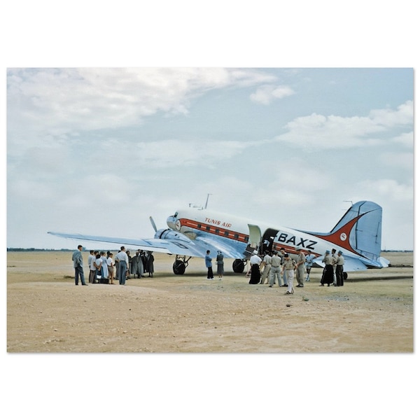 Photo Print 1940s Douglas DC-3 Tunis Air BAXZ Tunisia, Vintage Wall Art Print Poster Passenger Aviation Photograph Propeller Aircraft