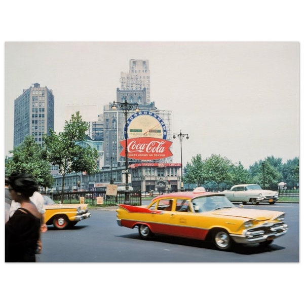 Photo Print 1950s NYC Columbus Circle, Motion Blurred Yellow Cab, Fifties Manhattan New York, Vintage Wall Art Poster Home Office Decor Gift