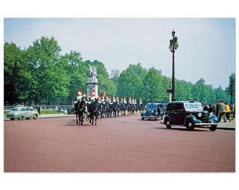 Photo Print 1950s London Horse Guards Parade Buckingham Palace Royal Cavalry Procession Vintage British Travel Photograph, Wall Decor Poster