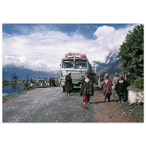 Photo Print 1980s Jammu and Kashmir, North India, Road to Pahalgam, Truck Stop with People, Vintage Wall Art Decor Travel Himalayan Poster