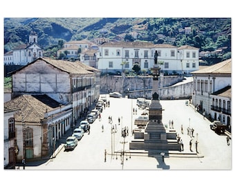 Photo Print 1960s Ouro Preto Brazil – Praça Tiradentes, Tiradentes Monument, Colonial Minas Gerais and Vintage Cars, Wall Art Decor Poster