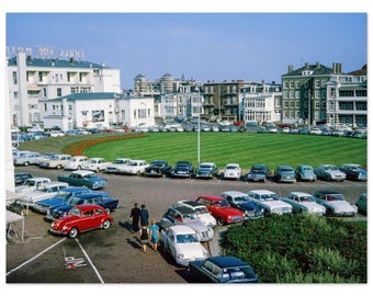 Photo Print 1960 Scheveningen Netherlands, Gevers Deynootplein, Sheherazade & Black Dynamites, Porsche 356 VW Beetle Vintage Cars Poster