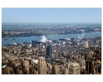 Photo Print 1950s New York City Skyline from Empire State Building Over Hudson River Jersey City and Hoboken Waterfront, Wall Art Poster