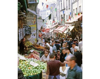 Photo Print 1970s Paris France Bustling Street Market, Vintage French Produce Stalls & Shoppers, Color Street Photography Wall Decor Poster