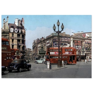 Impresión de acuarela de la década de 1950, Piccadilly Circus London Square, póster de arte de decoración de pared vintage, autobús rojo de dos pisos de Gran Bretaña, calle de los años cincuenta