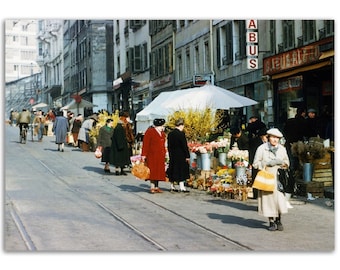 Photo Print 1950s Geneva Switzerland, Street View with Shoppers, Swiss Life, Vintage Wall Art, Fifties Fine Art Photograph Decor Poster