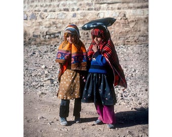 Photo Print 1970s Yemen Two Schoolgirls in Bright Ethnic Clothing, Wall Art Vintage Seventies Travel Yemeni Heritage Decor Tall Poster