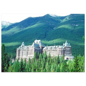 Impresión fotográfica de los años 70, Hotel Fairmont Springs de Banff, Parque Nacional Banff, Alberta, Canadá. Arte mural, decoración escénica para el hogar, póster patrimonial de los años setenta, regalo.