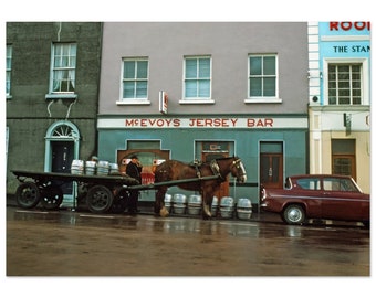 May include: A brown horse pulling a cart full of kegs in front of a building with a sign that reads "McEvoys Jersey Bar".