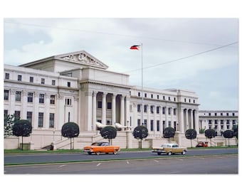 Photo Print 1950s Manila Philippines Congress Building, Speeding Classic Cars, Legislative Building Wall Art Fifties Heritage Decor Poster