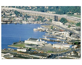 Fotografía impresa de la década de 1950 en Seattle, Washington: Puente Aurora, Lago Wallingford Green, Canal del Lago Union, Parque Gas Works. Póster de arte mural vintage.