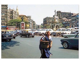 Wydruk fotograficzny z lat 70. w Bombaju w Indiach, Fontanna Flora w Hutatma Chowk, Dekoracja ścienna do domu w stylu vintage, Południowy Bombaj, Plakat z Dziedzictwa Lat Siedemdziesiątych, Prezent