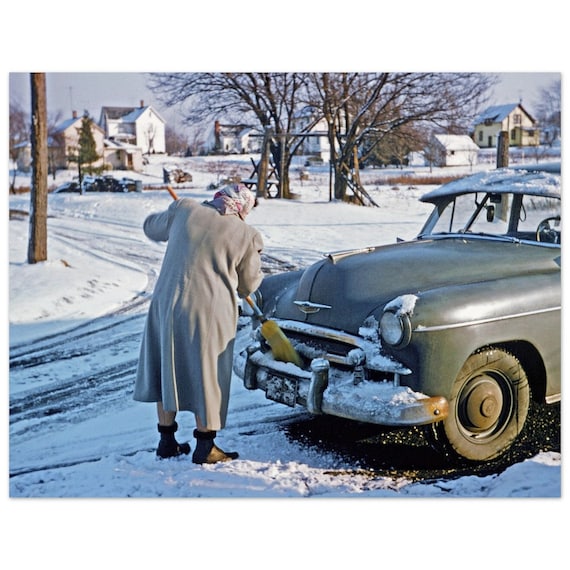 Photo Print 1950s Ohio Winter Scene, Woman Sweeping Snow From a