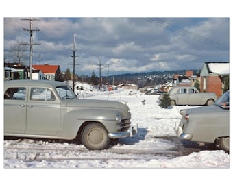 Photo Print 1950s Pacific Northwest Winter Neighborhood Snow Scene, Classic American Cars, Mid Century Suburb, Vintage Fifties Decor Poster