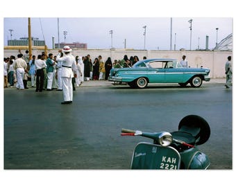 Photo Print 1960s Karachi Pakistan, PIDC Polo Ground Street, 1958 Buick Special, Vespa Scooter & Traffic Policeman, Wall Art Decor Poster