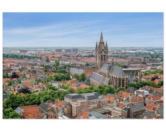 Fotografía impresa de la década de 1960 en Delft, Países Bajos, panorama de la iglesia gótica Nieuwe Kerk, arte mural histórico del horizonte holandés de los años sesenta, póster de decoración de viajes a Holanda