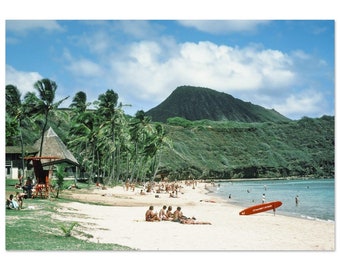 Impressão fotográfica da década de 1970, praia da baía de Hanauma e Koko Head, pôster de arte de parede vintage de Oahu, Havaí, ideia de presente de praia americana, vista para o mar da ilha dos anos setenta