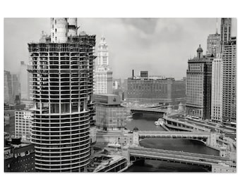 Photo Print 1960s Marina City Building Under Construction, Sun Times, Chicago Daily News Vintage Wall Art Decor BW Poster Illinois Gift Idea
