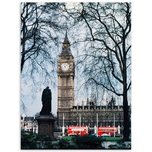 Impresión fotográfica del Big Ben de Londres de los años 70 y autobuses rojos de dos pisos, póster de decoración para el hogar, oficina y pared de arte vintage, monumento icónico de los años setenta en Gran Bretaña, Reino Unido
