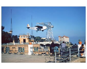 Photo Print 1950s Barcelona Spain Aviation Attraction | Tibidabo Amusement Park Airplane Ride | Vintage Catalonia Travel Photograph Poster