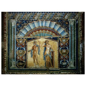 May include: A mosaic depicting two figures, a man and a woman, standing in a blue and gold archway. The figures are surrounded by intricate floral designs and geometric patterns.