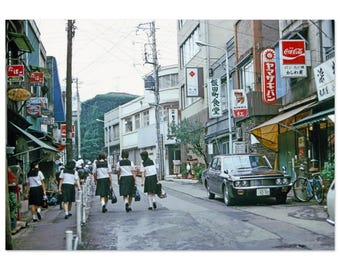 Photo Print 1970s Tokyo Japan, Tokiwadai Station Itabashi, Vintage Japanese Street Scene, Schoolgirls, Shops and Classic Car Decor Poster