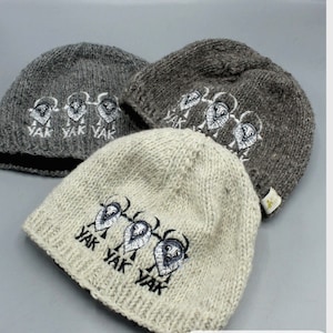 Beanie, Yak Yak Yak, Unisex, Fleece-Lined Wool Beanie with 3 Cute Embroidered Yaks, Ultra Warm Beanie, Outer Yak Wool - Grey, Brown or White