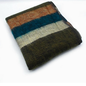 May include: A folded, rectangular scarf with horizontal stripes in shades of brown, teal, beige, and olive green. The scarf appears to be made of a soft, textured material, possibly wool or a wool blend. The color palette is earthy and muted.