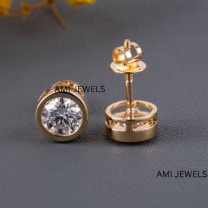 Adelina 14k Gold Bezel Set Earring, Round Diamond Moissanite Stud, Earring for Her, Gift For girl