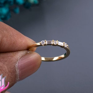 Sabras Solid Gold Wedding Band | Diamond Baguette Band | Dainty Stacking Band Women | Minimalist Baguette Band For her
