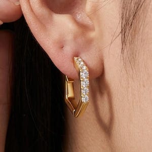 Solid Gold Hexagon Pave Diamond Huggie Earrings Minimalist Geometric Hoops Gift For her