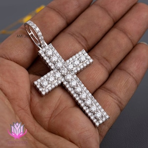 Lab Grown Diamond Cross Pendant: 14K Solid Gold Moissanite Hip Hop Necklace