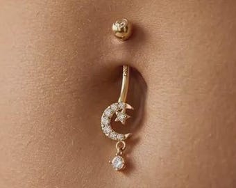 14k Gold Celestial Moon Star Dangle Belly Ring Celestial Navel Piercing Jewelry Gift for Her