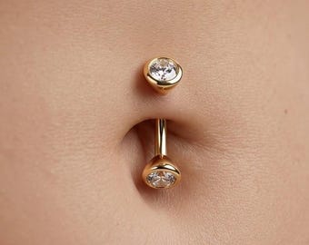 14k Solid Gold Diamond Belly Ring, Dainty Moissanite Navel Piercing, Minimalist Curved Barbell Jewelry