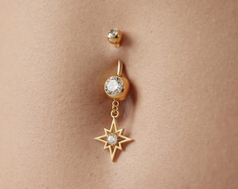Gold North Star Belly Button Ring, Celestial Navel Piercing, Dangle Star Body Jewelry Gift For Her