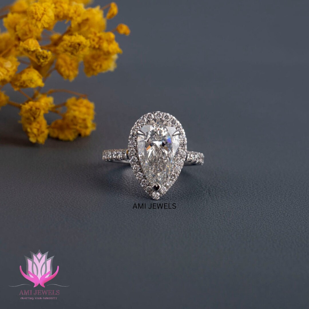 3.00 Ct Pear Lab Grown Eco Friendly Diamond Ring / Halo Set CVD Diamond ...