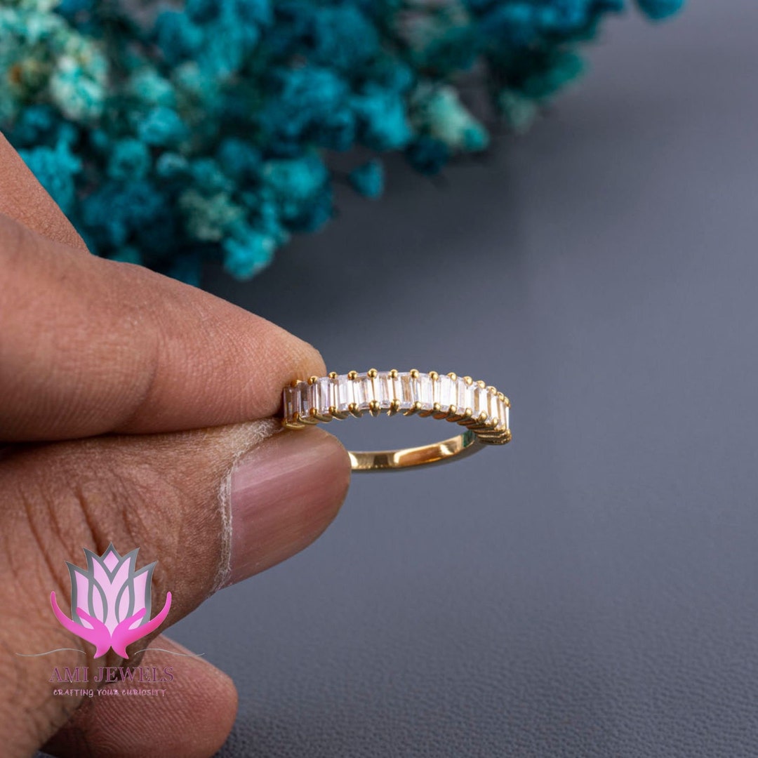14K Solid Gold Baguette Diamond Eternity Band Ring Art Deco Stackable ...