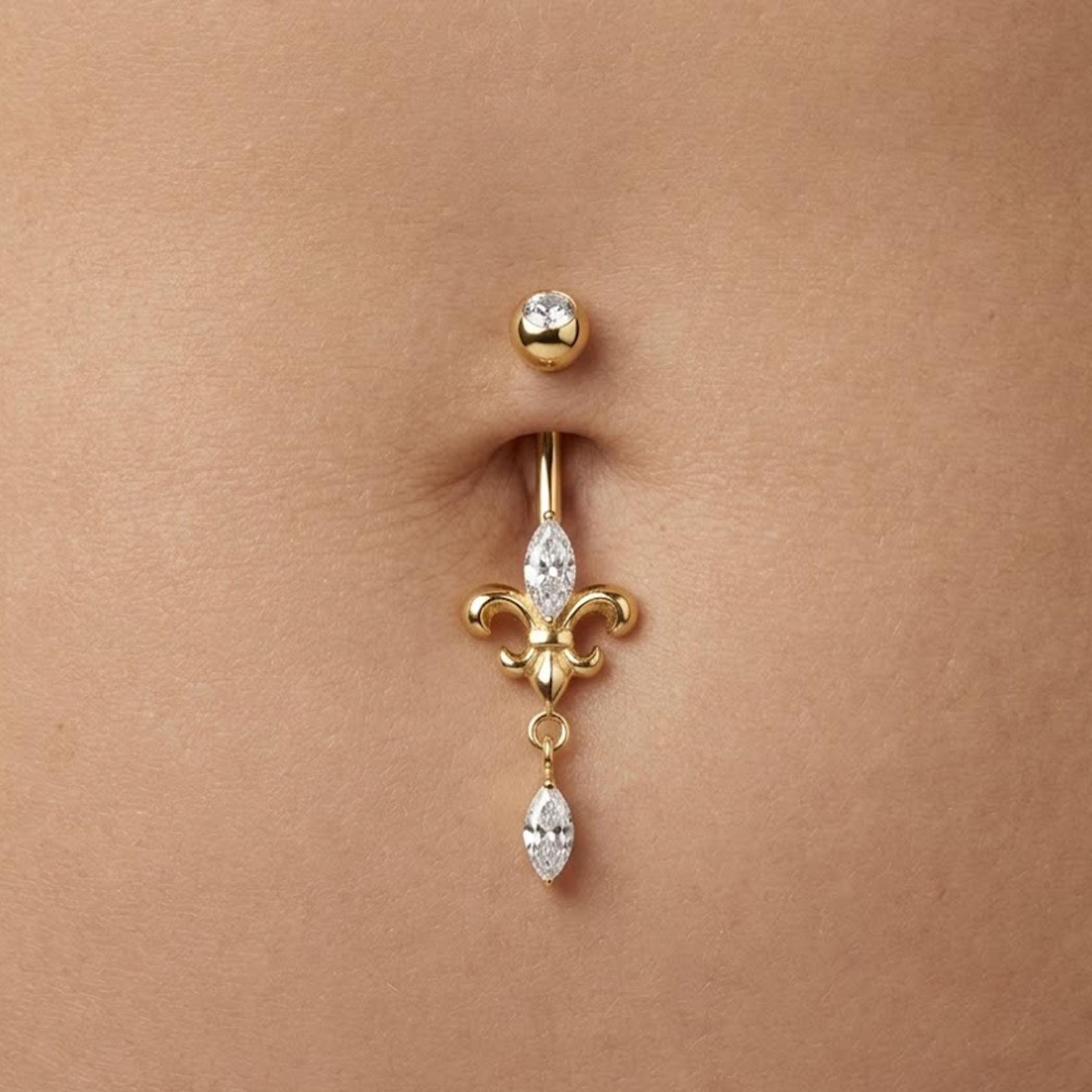 14K Solid Gold Fleur De Lis Belly Ring with Marquise Moissanite Diamond Gift For Her