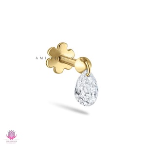 Floating Pear Diamond Charm Threaded Stud Earring Natural Pear Diamond Stud 16g Threaded Flatback Piercing 14k Helix Flat Unique Ear Set Up