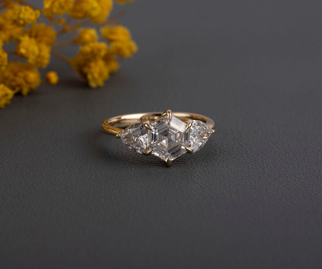 Trillian Rings Samantha Three Stone Lab Grown Eco Friendly Trillian and Hexagon ...