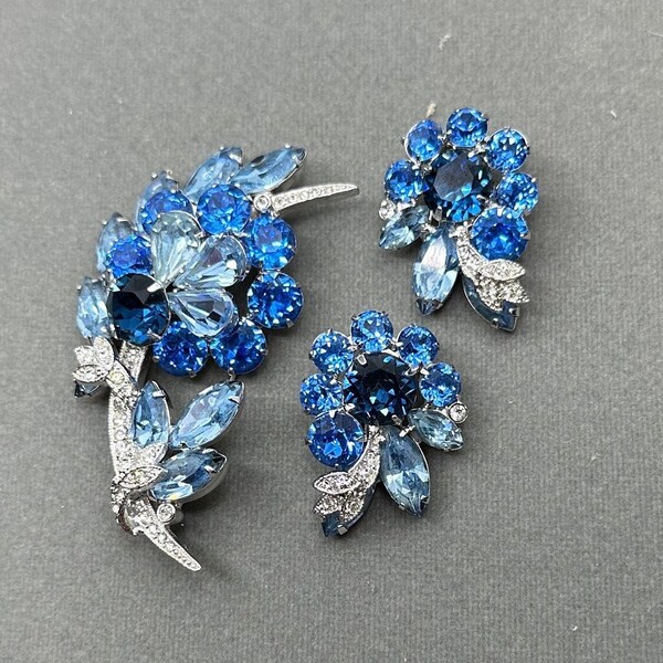 Eisenberg Ice Blue Rhinestone Brooch,and Earrings Rhodium Plated, 1960s Vintage Jewelry