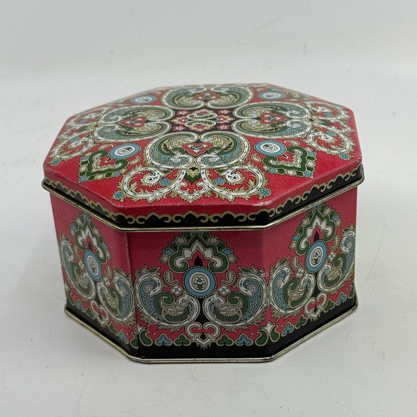 Beautiful Vintage Tin, Made In England. Red And Paisley Pattern. Octagon Shape.