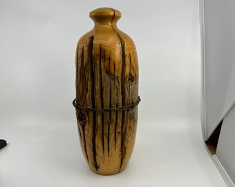 Vintage Hand Made Tall Wood Turned Vase With Barbed Wire Signed Snedeker 10 inch