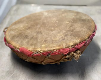 Vintage Rawhide Hand Drum — Wood Frame, Lashed Cotton & Rawhide Lacing
