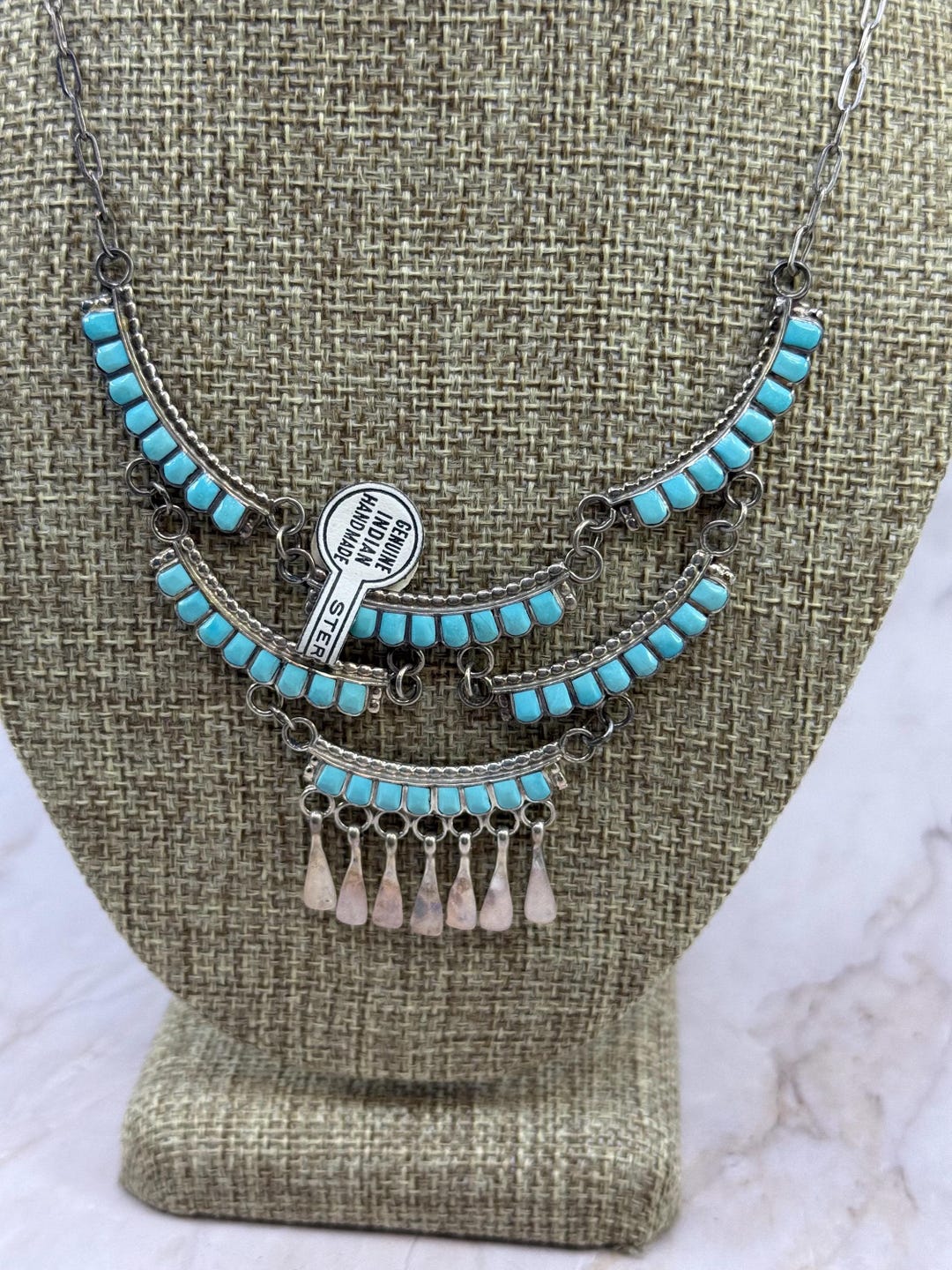Vtg Native American Zuni Turquoise Inlay Sterling Silver 22.4 G Linda ...