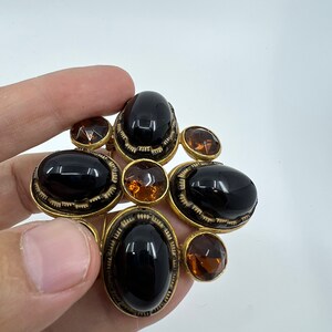 Mid century 1960's Maltese Cross Brooch with Black Cabochons and Amber Rhinestones