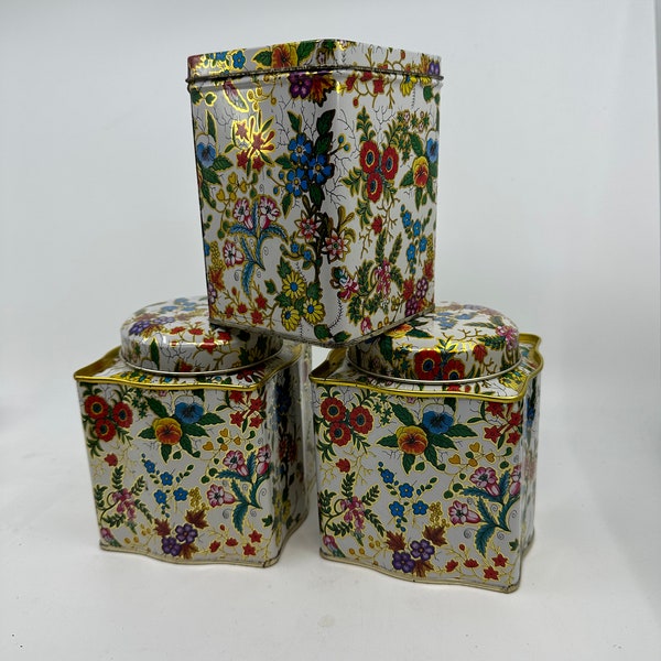 Three Vintage Daher Floral Tea Tin Canister, Made in England