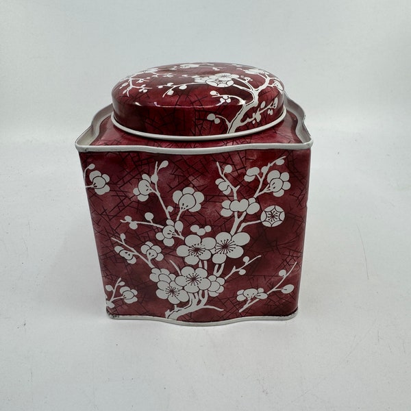 Vintage Daher Long Island NY Red White Floral Tin Can w Lid Made in England