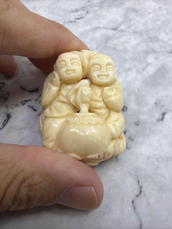 Vintage Carved Asian Bead Pendant: Two People Stirring Pot